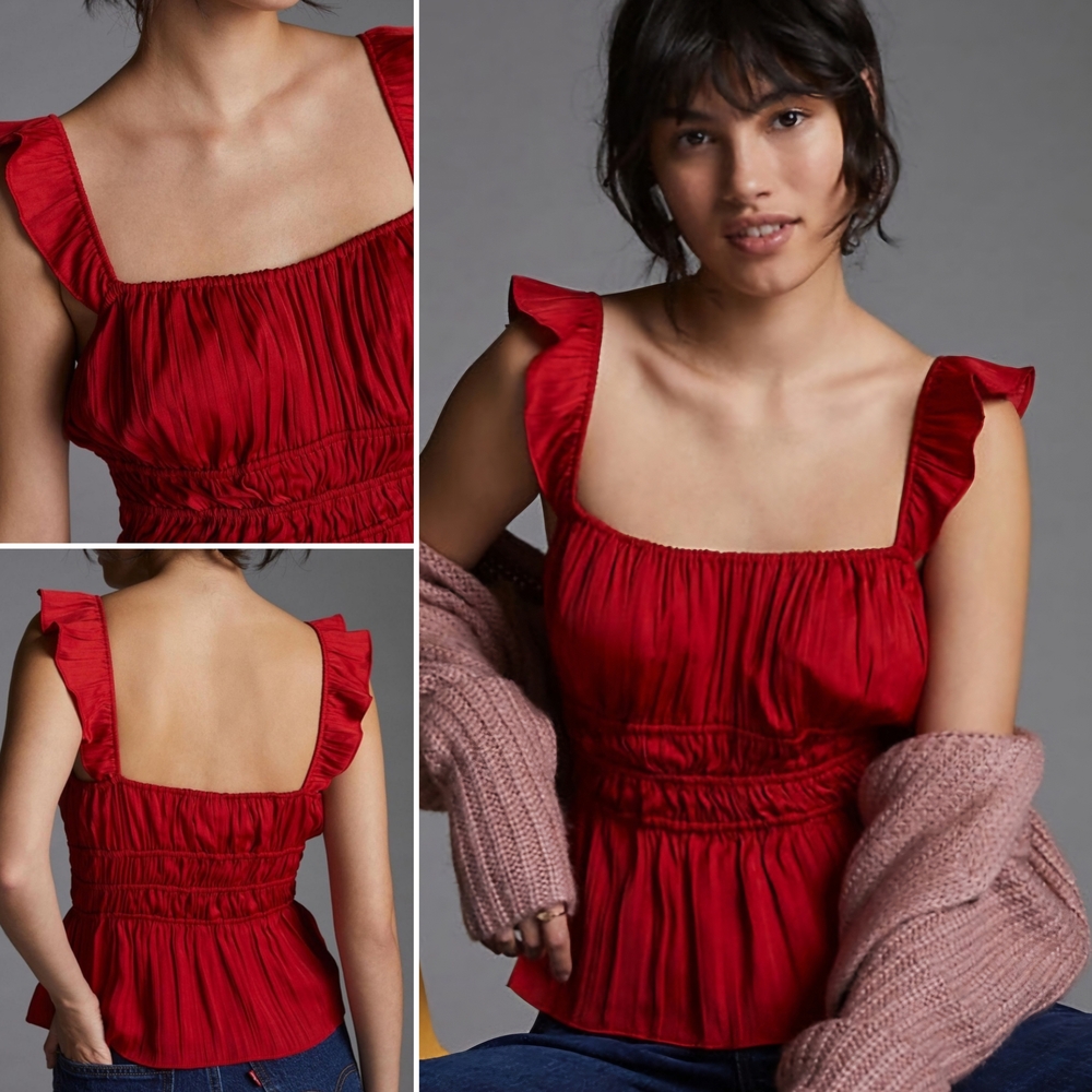 Anthropologie Red Smocked Ruffle Blouse